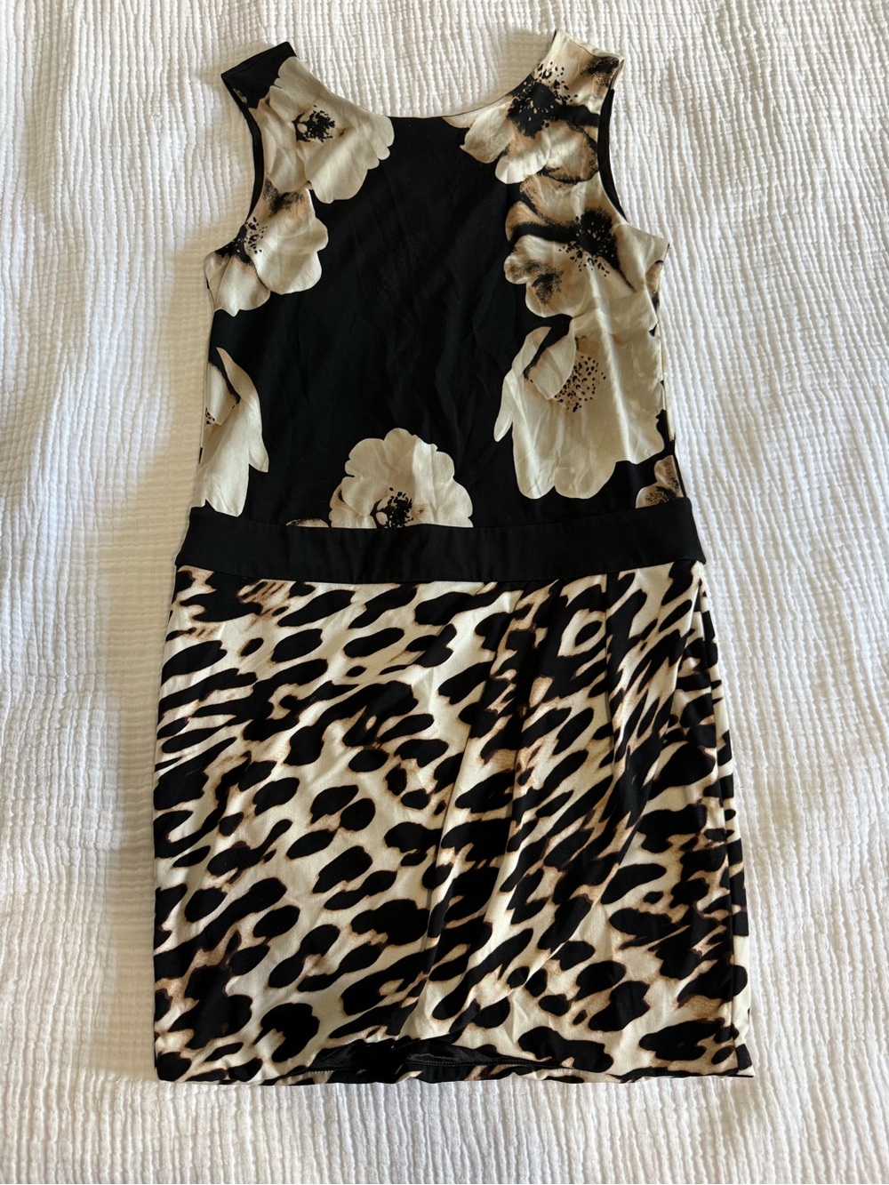 New York & Company Stretch Black and Cream Floral & Animal Print Dress